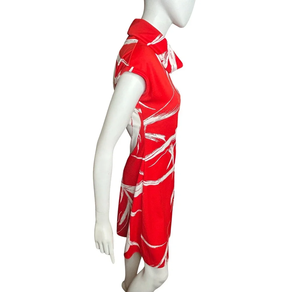 Vintage 70s Dress Red Abstract Cowl Neck Small